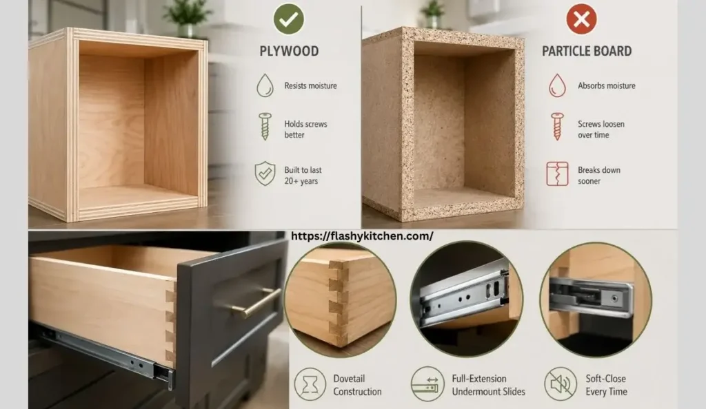 Custom cabinets vs semi-custom cabinets comparison showing plywood vs particle board and drawer hardware quality