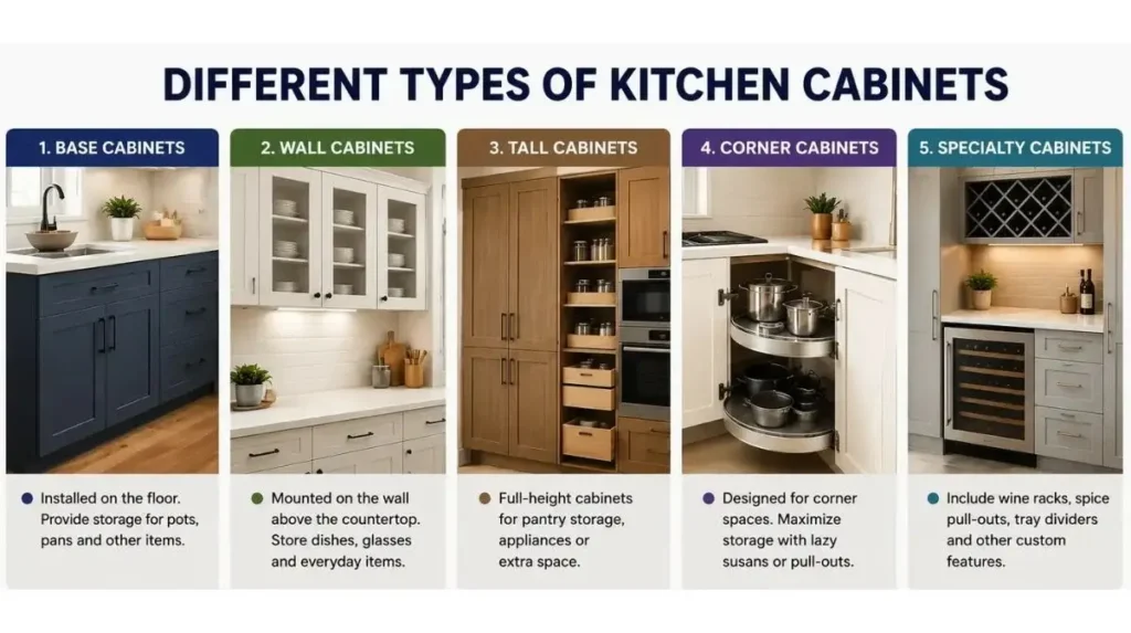 Different types of kitchen cabinets including base wall tall corner and specialty storage cabinets