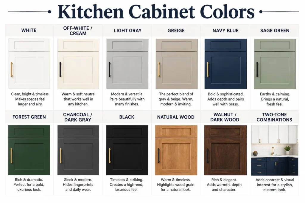 Infographic showing popular kitchen cabinet colors including white, gray, navy blue, sage green, black, and natural wood finishes.