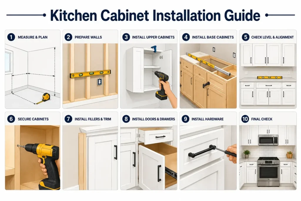 Simple graphic guide showing the step-by-step process of installing kitchen cabinets.
