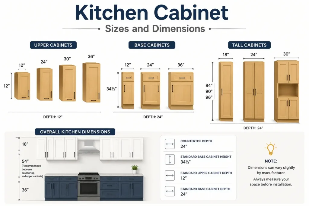 standard kitchen cabinet sizes and dimensions for upper, base, and tall cabinets.