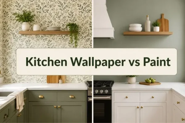 Kitchen wallpaper vs paint comparison showing modern kitchen design differences between wallpapered wall and painted wall