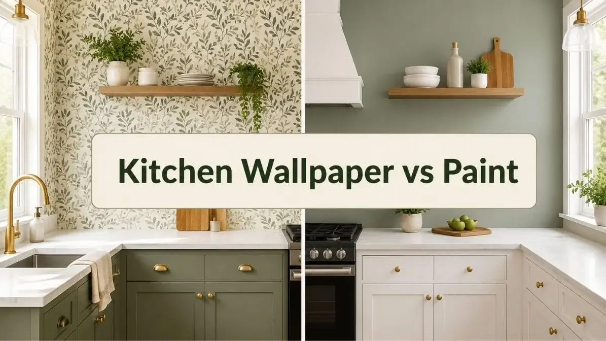Kitchen wallpaper vs paint comparison showing modern kitchen design differences between wallpapered wall and painted wall