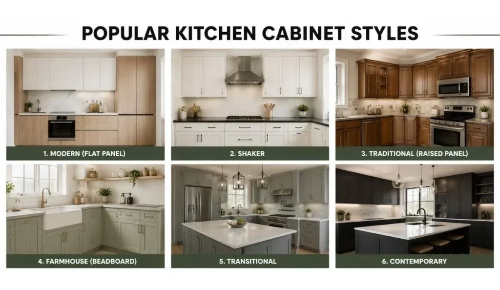 Popular kitchen cabinet styles including modern shaker traditional farmhouse and contemporary designs