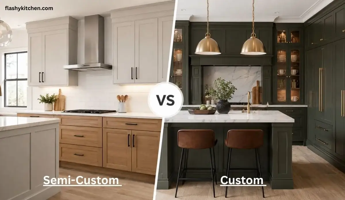 Semi-custom vs custom kitchen cabinets comparison showing modern vs luxury kitchen design differences