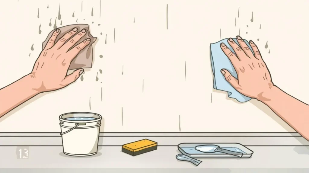 Hands cleaning and preparing a smooth wall before installing peel-and-stick wallpaper in a modern kitchen.