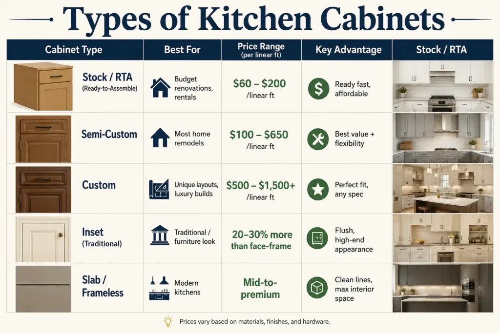 Different types of kitchen cabinets in a modern kitchen showroom