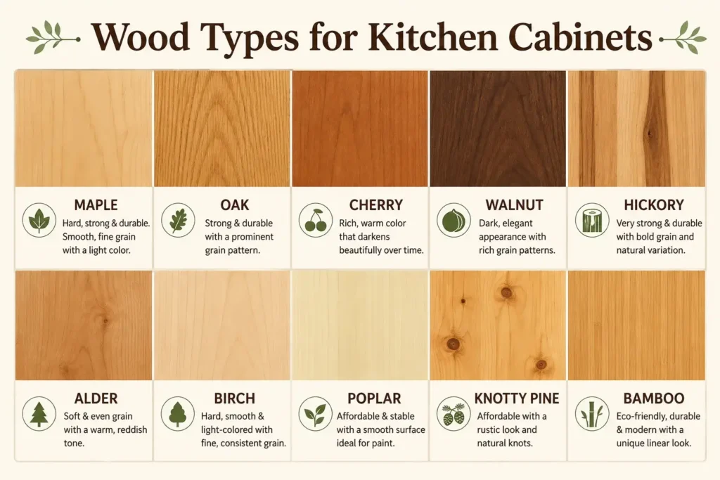 Popular wood types used for modern kitchen cabinets