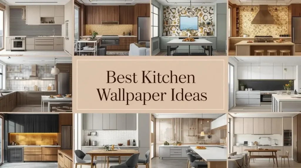 Best kitchen wallpaper ideas featuring 8 modern kitchen wall designs including geometric patterns, gold leaf wallpaper, chalkboard walls, reflective vinyl, trompe l’oeil window murals, thermochromic strips, and Japanese wash paper textures in a luxury modern kitchen interior
