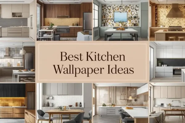 Best kitchen wallpaper ideas featuring 8 modern kitchen wall designs including geometric patterns, gold leaf wallpaper, chalkboard walls, reflective vinyl, trompe l’oeil window murals, thermochromic strips, and Japanese wash paper textures in a luxury modern kitchen interior