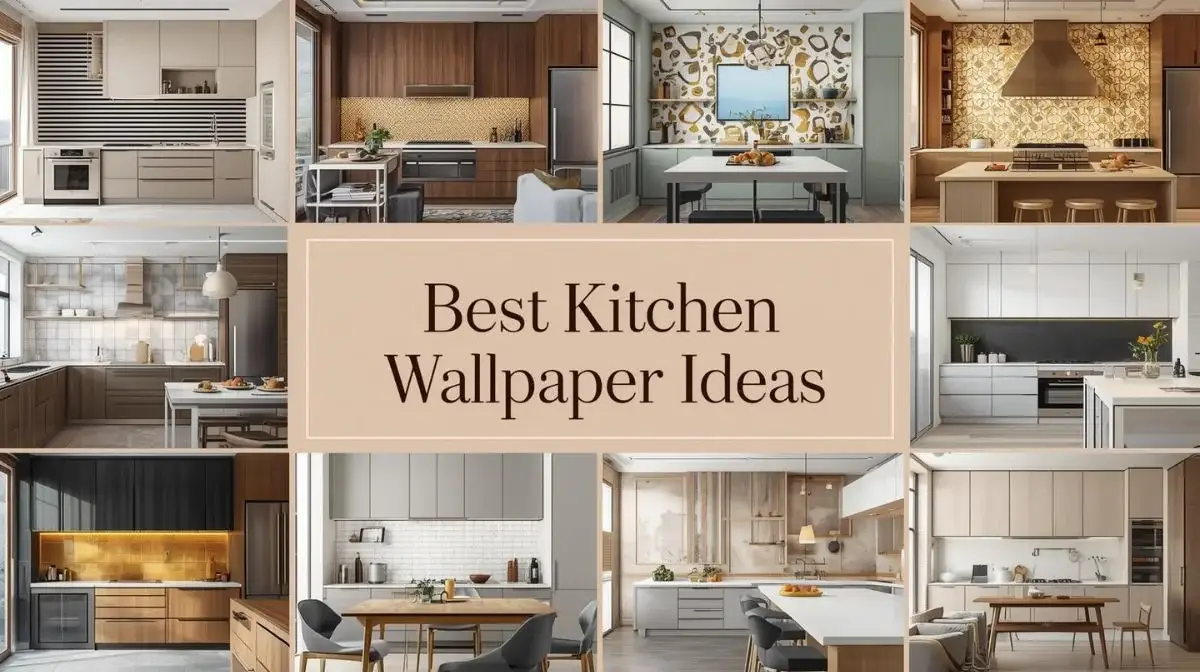Best kitchen wallpaper ideas featuring 8 modern kitchen wall designs including geometric patterns, gold leaf wallpaper, chalkboard walls, reflective vinyl, trompe l’oeil window murals, thermochromic strips, and Japanese wash paper textures in a luxury modern kitchen interior