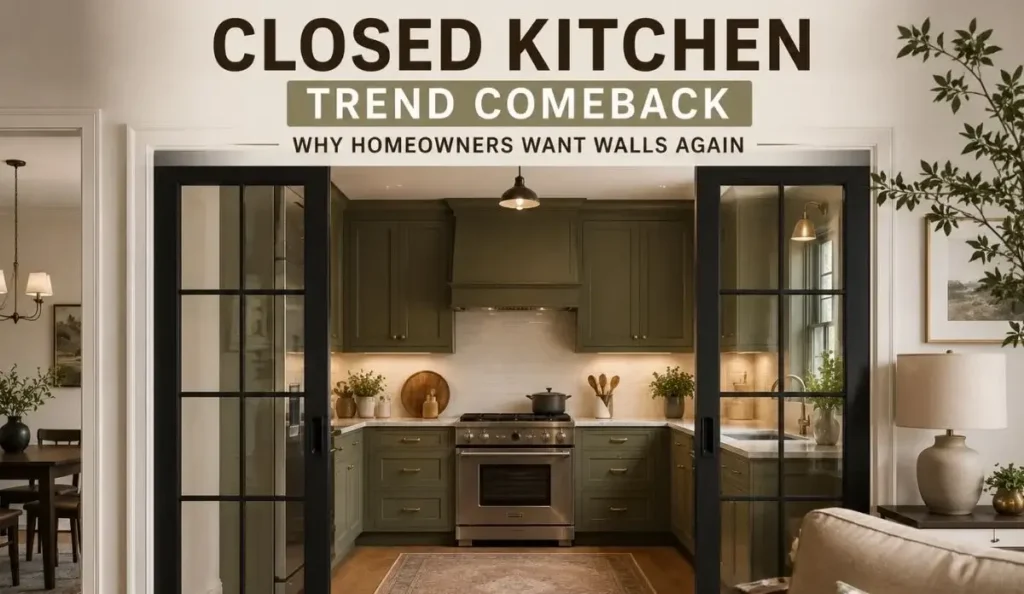 Closed kitchen trend comeback showing a modern enclosed kitchen with black glass doors, warm cabinets, and cozy lighting.