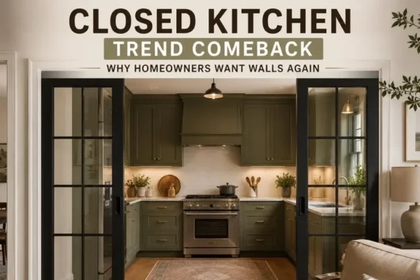 Closed kitchen trend comeback showing a modern enclosed kitchen with black glass doors, warm cabinets, and cozy lighting.