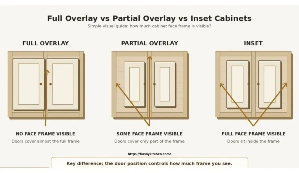 Inset vs overlay kitchen cabinets comparison showing full overlay, partial overlay, and inset cabinet door styles.