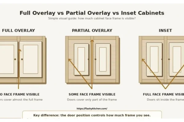 Inset vs overlay kitchen cabinets comparison showing full overlay, partial overlay, and inset cabinet door styles.