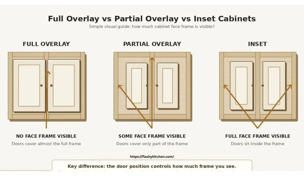 Inset vs overlay kitchen cabinets comparison showing full overlay, partial overlay, and inset cabinet door styles.
