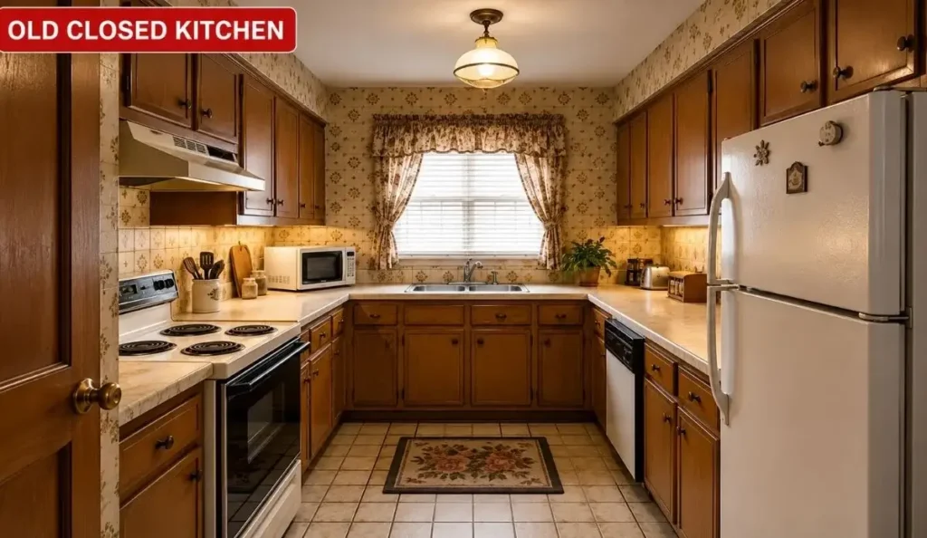 Old closed kitchen design with wood cabinets, patterned wallpaper, tiled floor, and a compact enclosed layout.