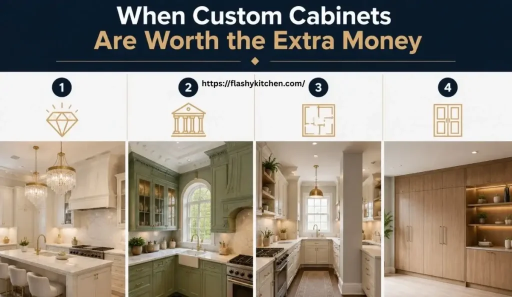 Infographic showing when custom kitchen cabinets are worth the extra money including luxury remodels, historic homes, awkward kitchen layouts, and floor-to-ceiling integrated cabinet designs.