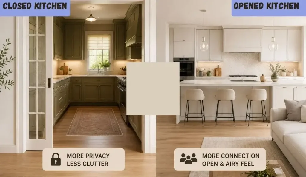 Vintage closed kitchen with brown wood cabinets, patterned floor, old appliances, and a doorway view into a separate kitchen room.