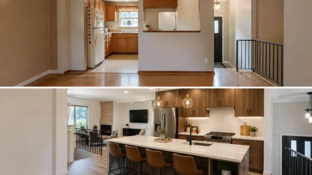 1970s split-level kitchen remodel before and after showing wall removal, open floor plan, custom cabinets, breakfast bar, and modern kitchen renovation.