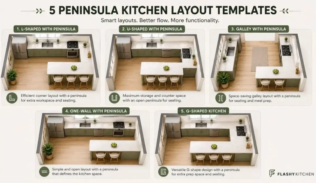 3D infographic showing five peninsula kitchen layout templates including L-shaped, U-shaped, galley, one-wall, and G-shaped kitchen designs.
