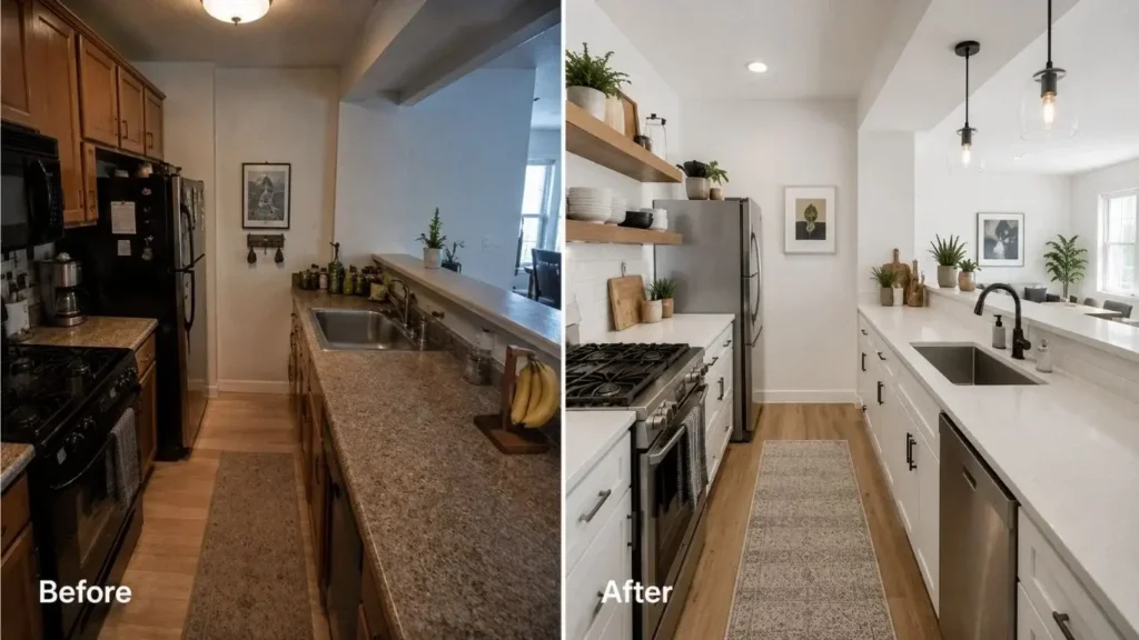 Before and after 90 sq ft small galley kitchen remodel with floating shelves, white quartz countertops, deep undermount sink, and counter-depth refrigerator.