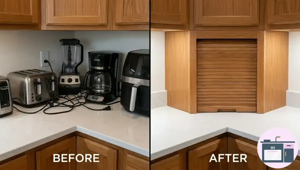 Small kitchen appliance garage hiding coffee maker and toaster behind cabinet doors