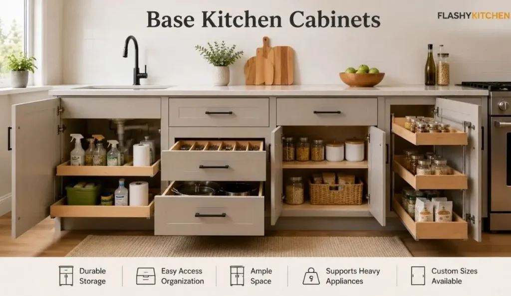 Modern base kitchen cabinets with deep drawers, pull-out shelves, under-sink storage, and cabinet organizers in a contemporary kitchen.