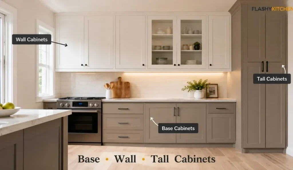 Modern kitchen showing base cabinets below the countertop, wall cabinets above the countertop, and a tall pantry cabinet labeled for comparison.