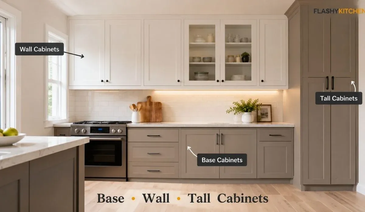Modern kitchen showing base cabinets below the countertop, wall cabinets above the countertop, and a tall pantry cabinet labeled for comparison.