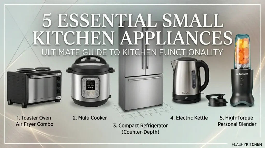 Best small kitchen appliances including air fryer, multi cooker, electric kettle, compact refrigerator, and personal blender for a small kitchen