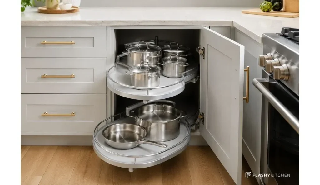 Modern blind corner pull-out cabinet with Le Mans shelves holding stainless steel pots and pans in a U-shaped kitchen.