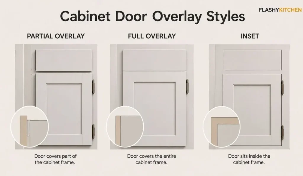 Comparison diagram showing cabinet door overlay styles including partial overlay, full overlay, and inset cabinet doors.