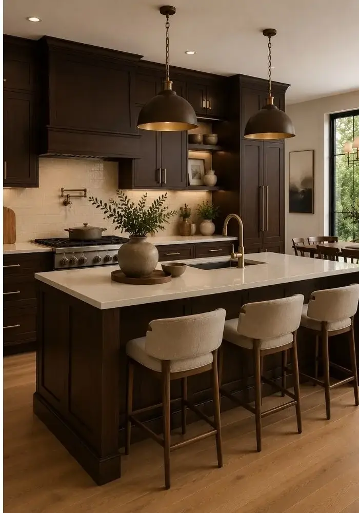 Chocolate brown kitchen cabinets with espresso wood finish, luxury island, brass hardware, and modern kitchen design