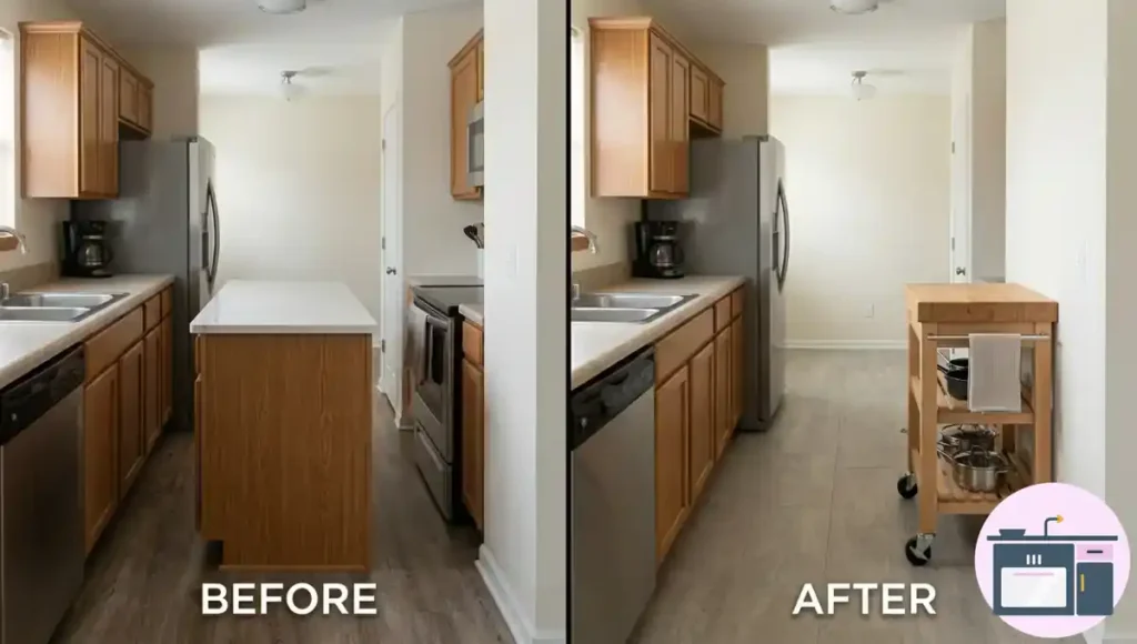 Small kitchen before and after showing a movable rolling island for extra prep space