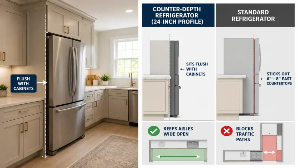 Counter-depth refrigerator installed flush with kitchen cabinets in a small kitchen renovation