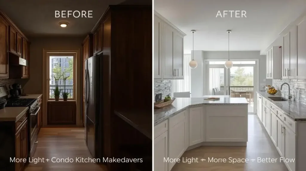Before and after dark galley condo kitchen remodel featuring white cabinets, open breakfast bar, improved lighting, and a counter-depth refrigerator.