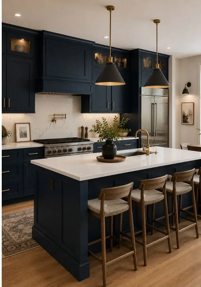 Deep navy kitchen cabinets with classic midnight finish, white marble countertops, brass hardware, and luxury kitchen interior