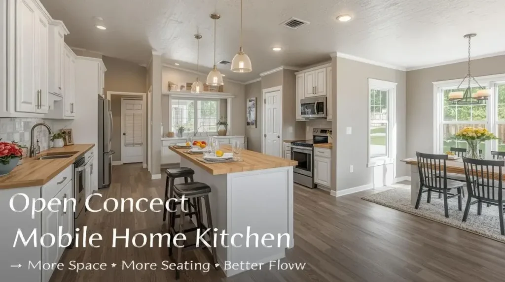 Double wide mobile home kitchen remodel featuring an open peninsula, butcher block countertop, white cabinets, and improved flow to the dining area.
