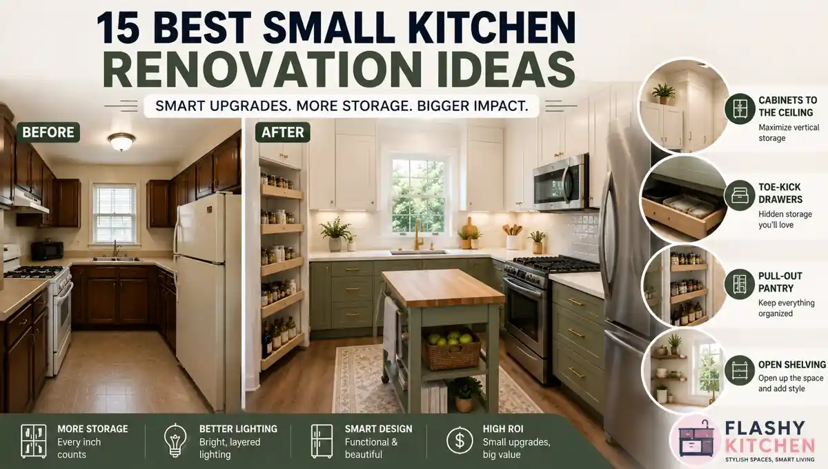 Before and after small kitchen renovation showing ceiling-height cabinets, pull-out pantry storage, rolling island, improved lighting, and space-saving upgrades.