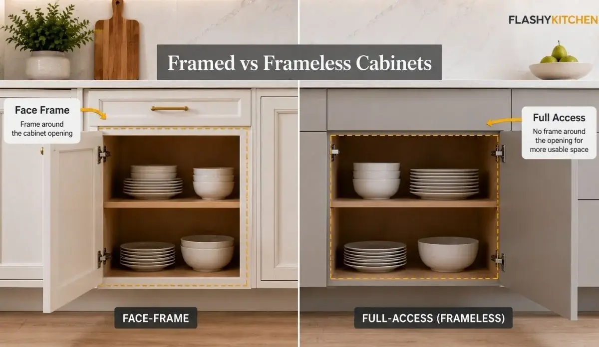 Side-by-side comparison of framed cabinet construction with a face frame and frameless cabinet construction with a full-access opening highlighted by arrows.