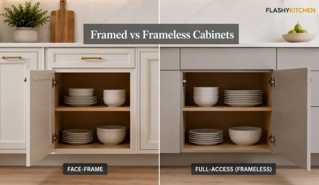 Side-by-side comparison of framed face-frame kitchen cabinets and frameless full-access kitchen cabinets with cabinet doors open.