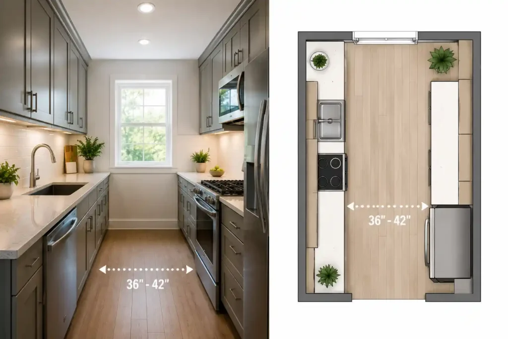 Galley kitchen layout with parallel cabinets, optimized workflow, and 36 to 42 inches of walkway space.