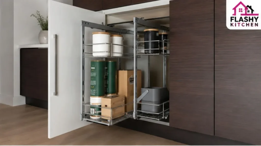 Space-saving pull-out pantry storage cabinet designed to maximize storage in a small galley kitchen.