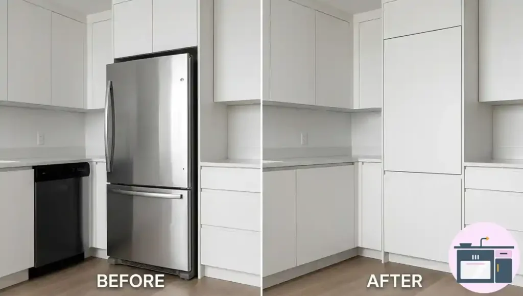 Counter-depth refrigerator and panel-ready appliances in a compact kitchen renovation