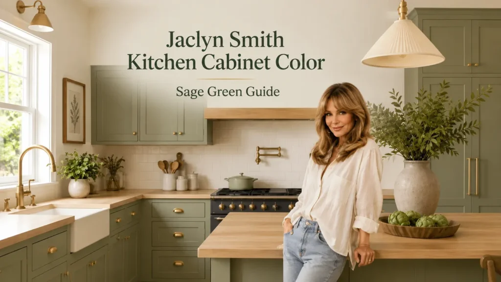 Jaclyn Smith in a sage green kitchen with classic warm cabinets