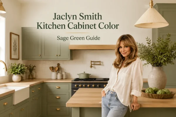 Jaclyn Smith in a sage green kitchen with classic warm cabinets