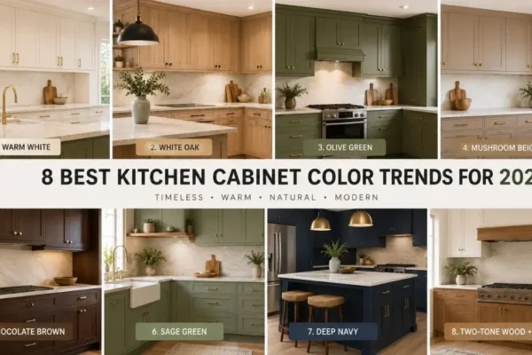 8 best kitchen cabinet color trends for 2026 featuring warm white, white oak, olive green, mushroom beige, chocolate brown, sage green, deep navy, and two-tone cabinets