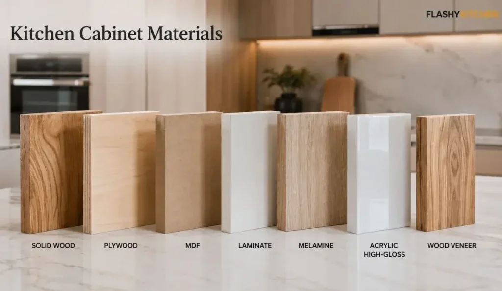 Kitchen cabinet material samples including solid wood, plywood, MDF, laminate, melamine, acrylic high-gloss, and wood veneer displayed on a modern kitchen countertop.