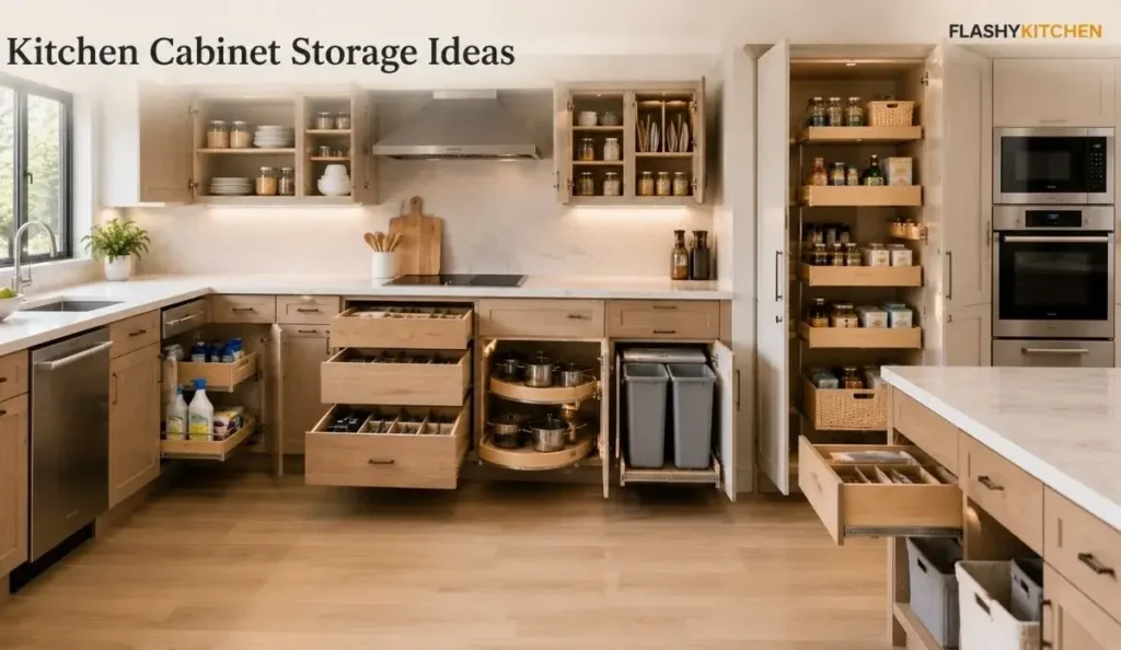 Modern kitchen with organized base cabinets, wall cabinets, pantry storage, pull-out shelves, drawer dividers, spice racks, and storage bins.
